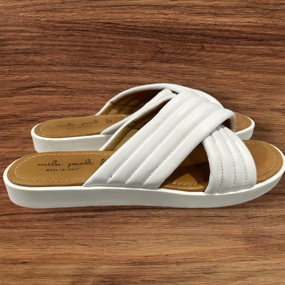 MILA PAOLI Italian Leather White Braided Upper Sandals for Women, Size 9.